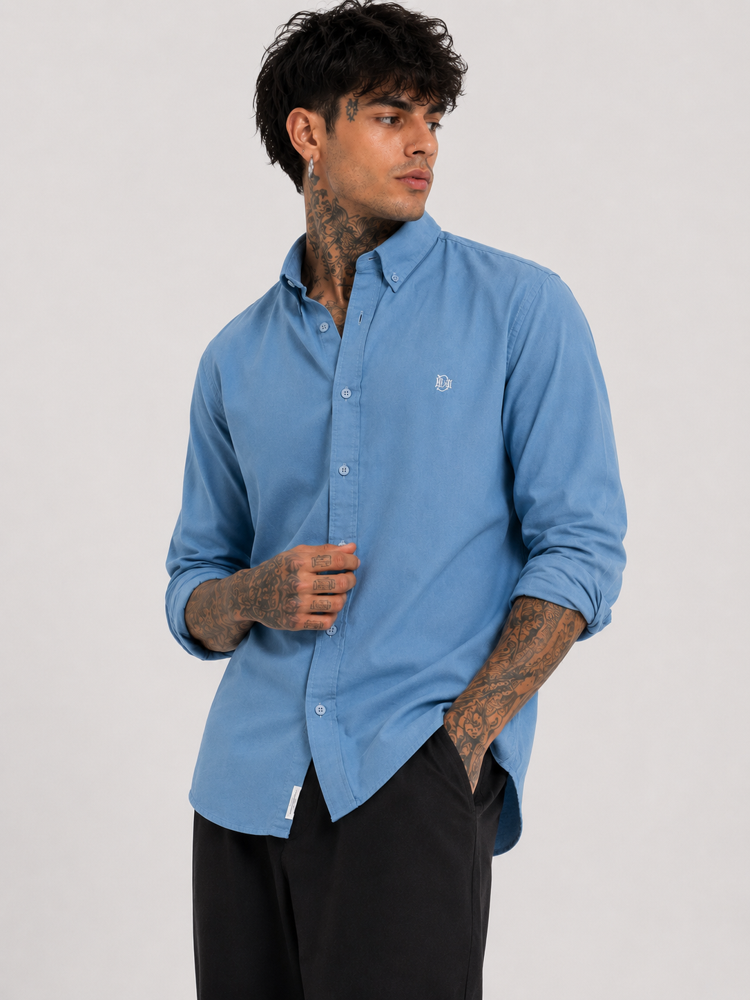 Indigo-Blue Textured Oxford Shirt with Tonal Monogram