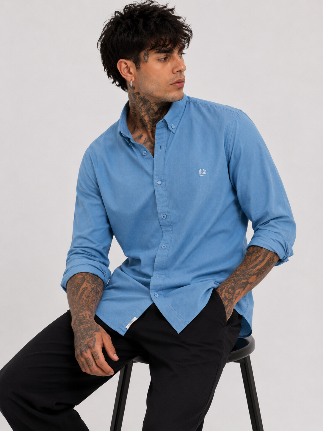 Indigo-Blue Textured Oxford Shirt with Tonal Monogram