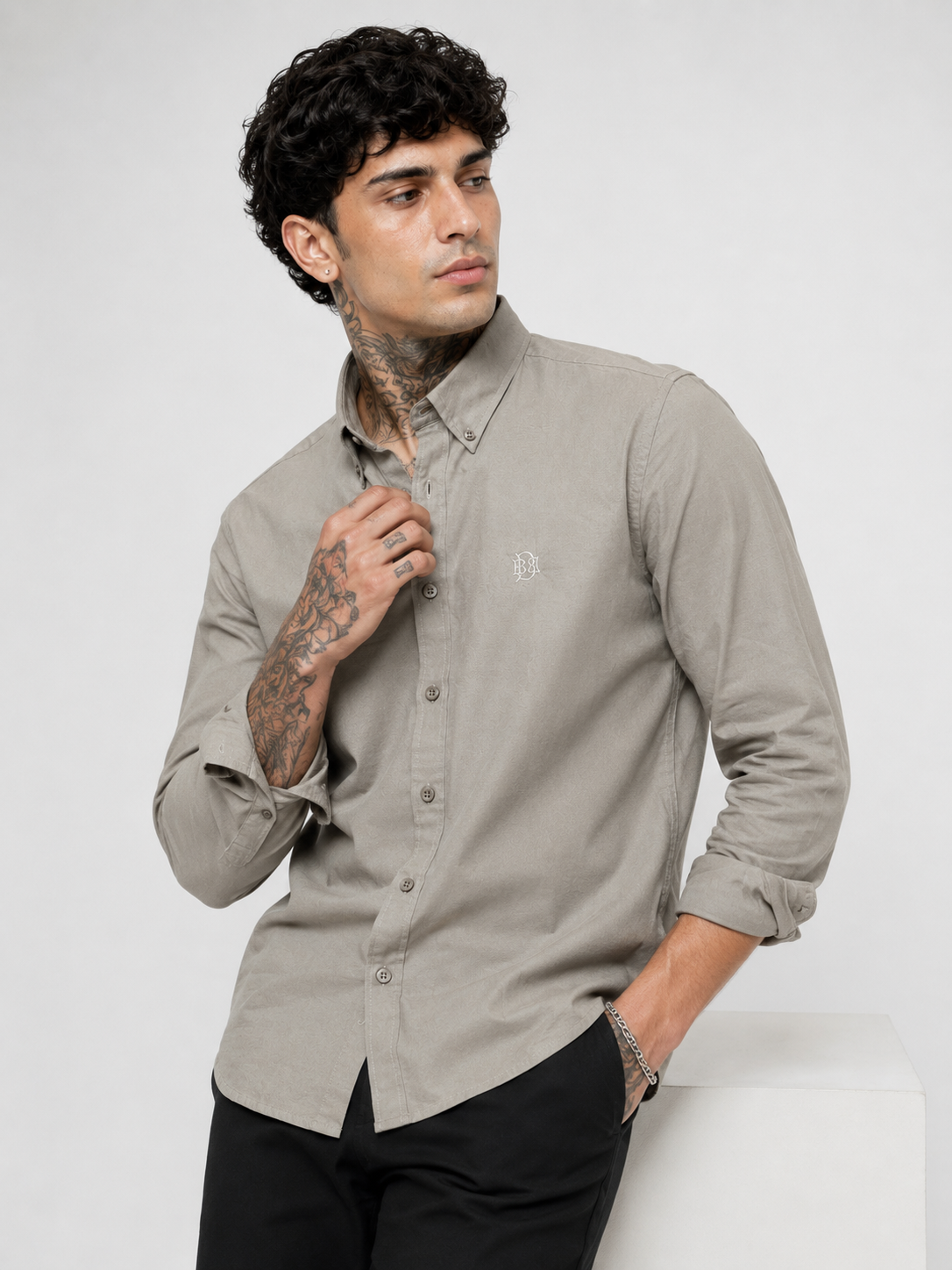Olive Textured Oxford Shirt with Tonal Monogram