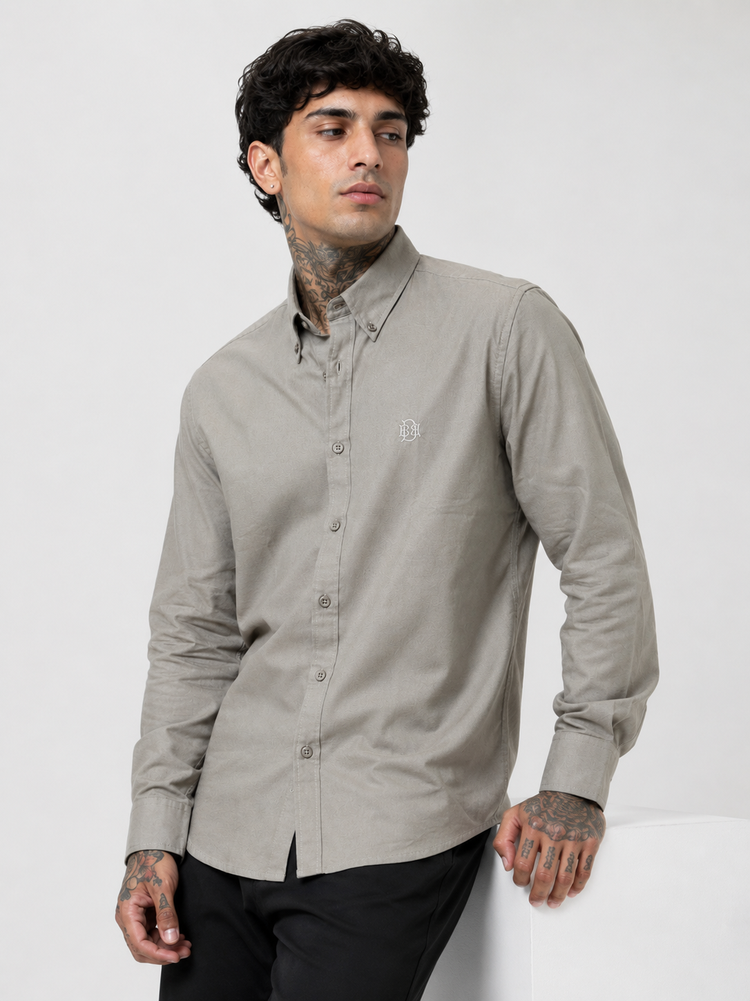 Olive Textured Oxford Shirt with Tonal Monogram