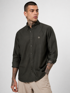 Men's dark green textured oxford button-up shirt with stand collar and tonal monogram