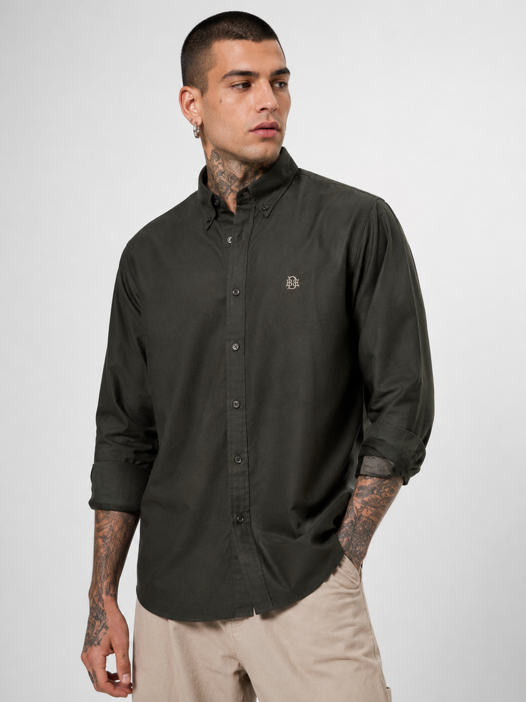 Midnight Forest Green Textured Oxford Shirt with Tonal Monogram