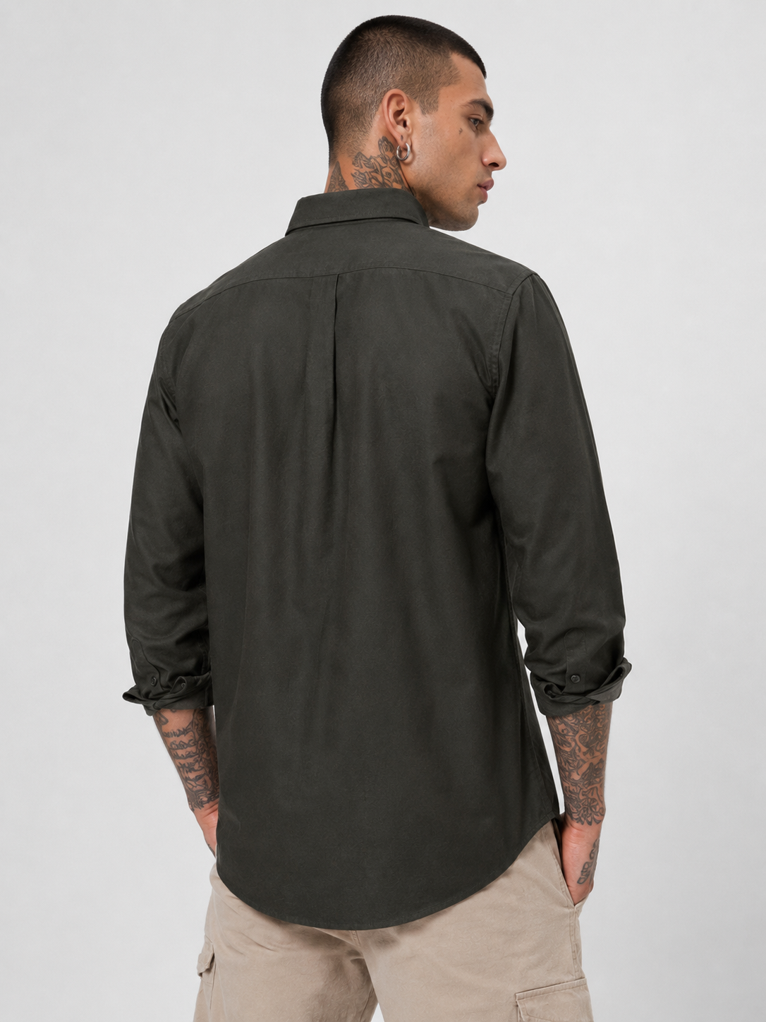 Midnight Forest Green Textured Oxford Shirt with Tonal Monogram