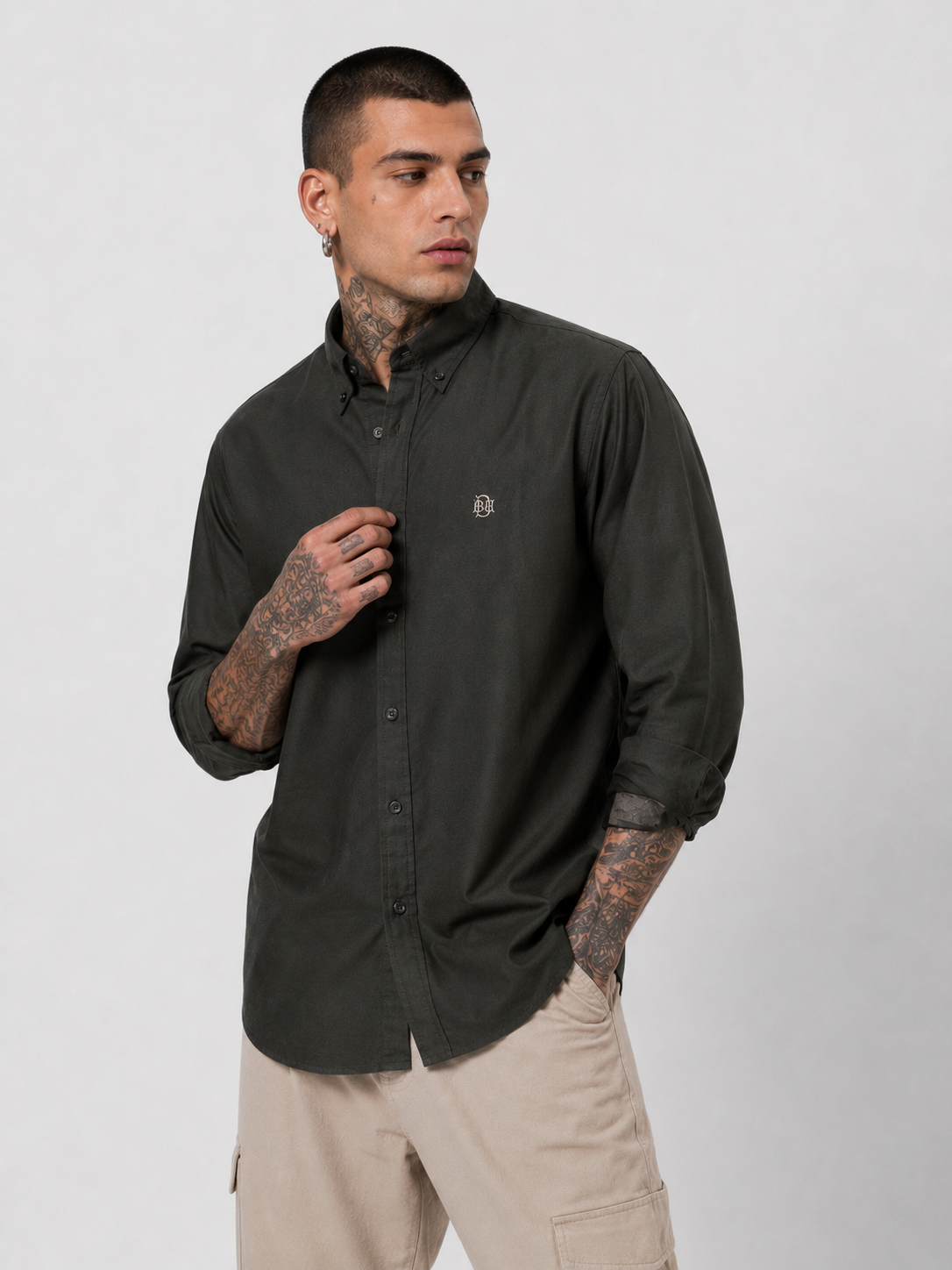 Midnight Forest Green Textured Oxford Shirt with Tonal Monogram