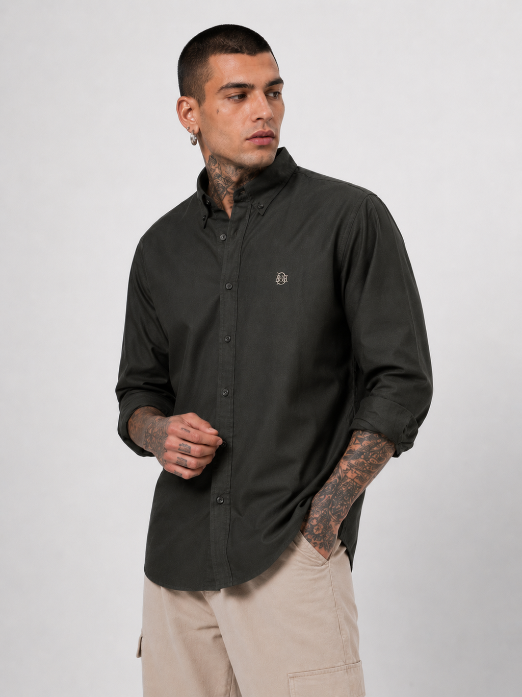 Men's dark green textured oxford button-up shirt, tonal monogram at left chest