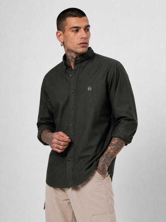 Midnight Forest Green Textured Oxford Shirt with Tonal Monogram