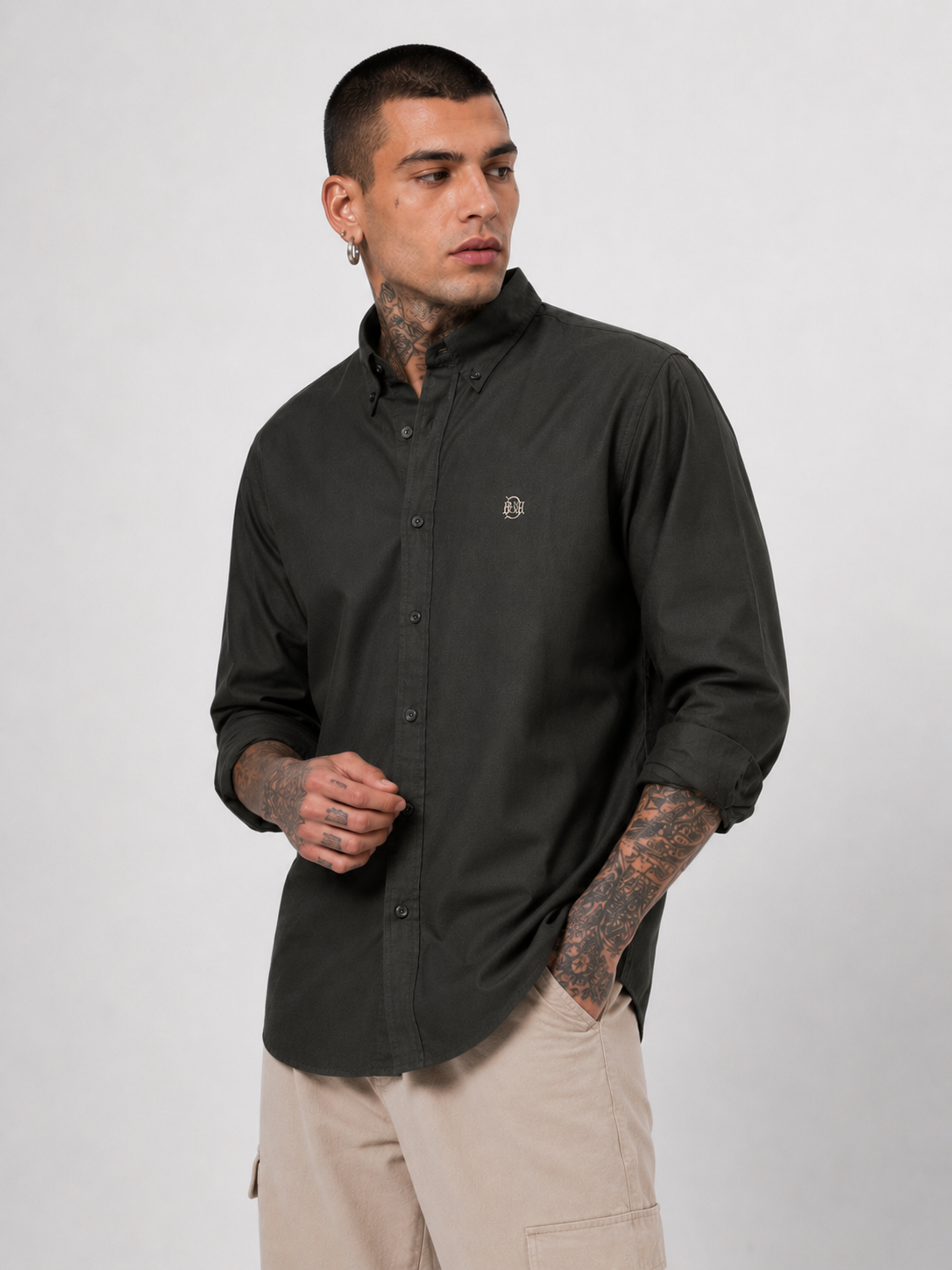 Midnight Forest Green Textured Oxford Shirt with Tonal Monogram