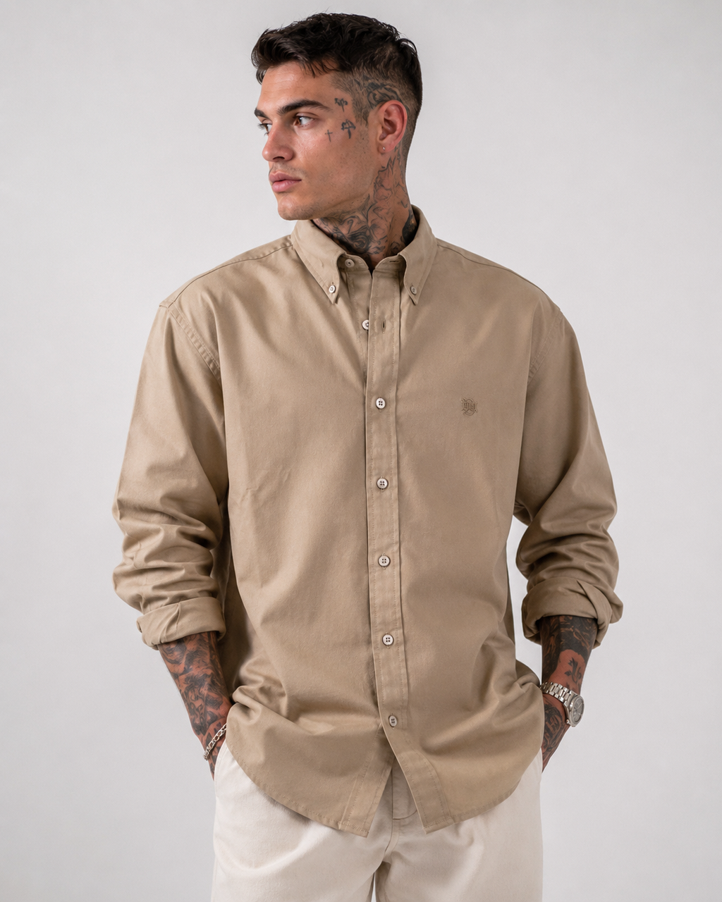 Khaki textured button-up oxford shirt with tonal monogram, long sleeves