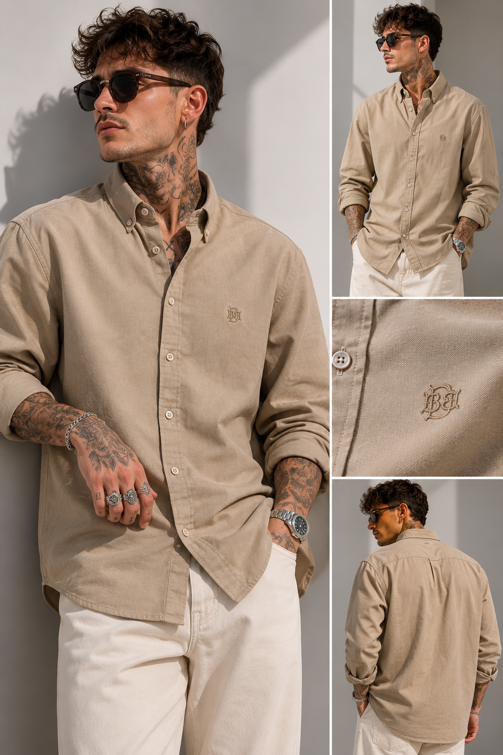 Khaki textured button-up shirt with tonal monogram on chest, front view