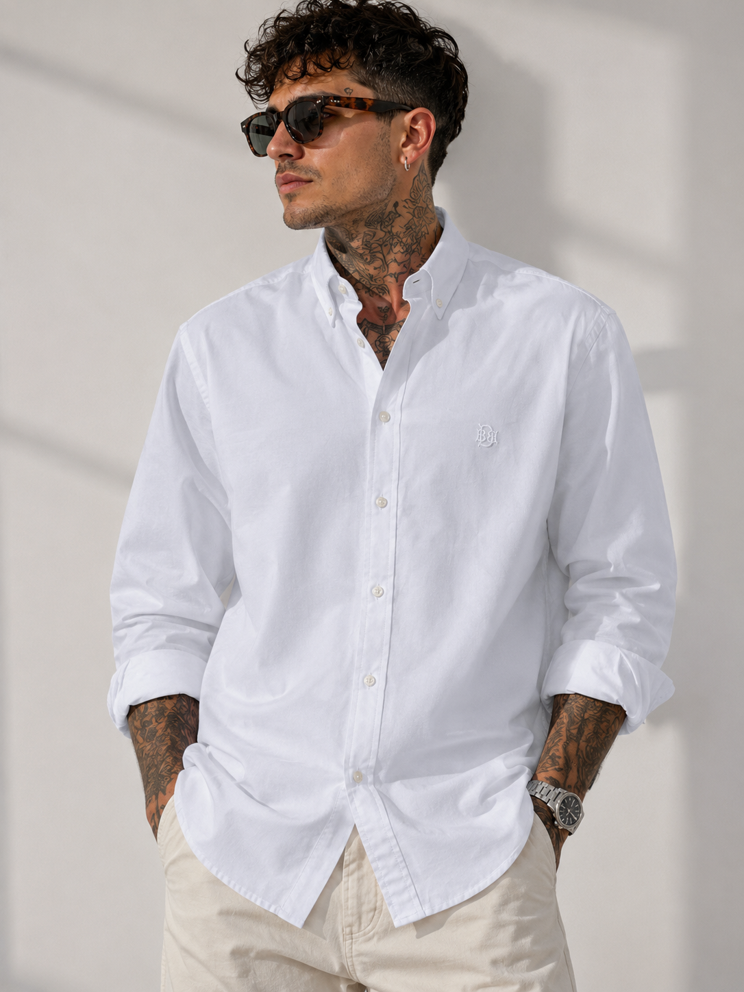 Old Money Textured White Oxford Shirt with Tonal Monogram