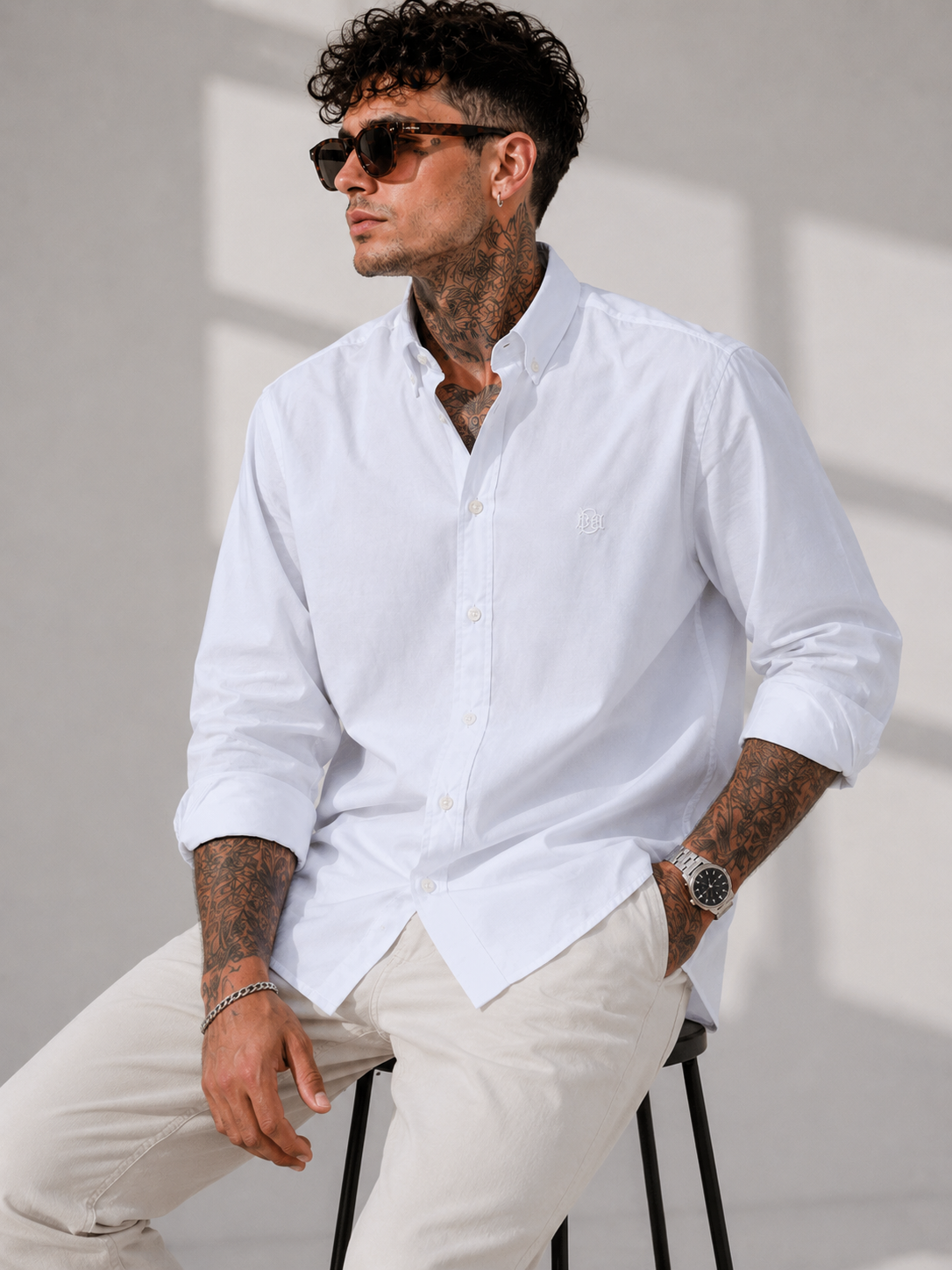 Old Money Textured White Oxford Shirt with Tonal Monogram