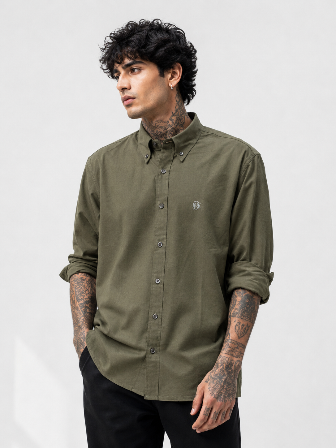 Tactical Muted Olive Textured Oxford Shirt with Tonal Monogram