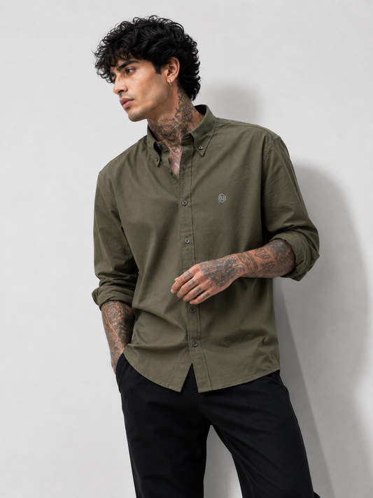 Tactical Muted Olive Textured Oxford Shirt with Tonal Monogram