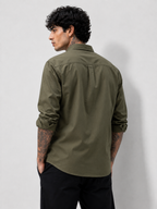 Muted olive oxford shirt back view with tonal details and buttoned yoke