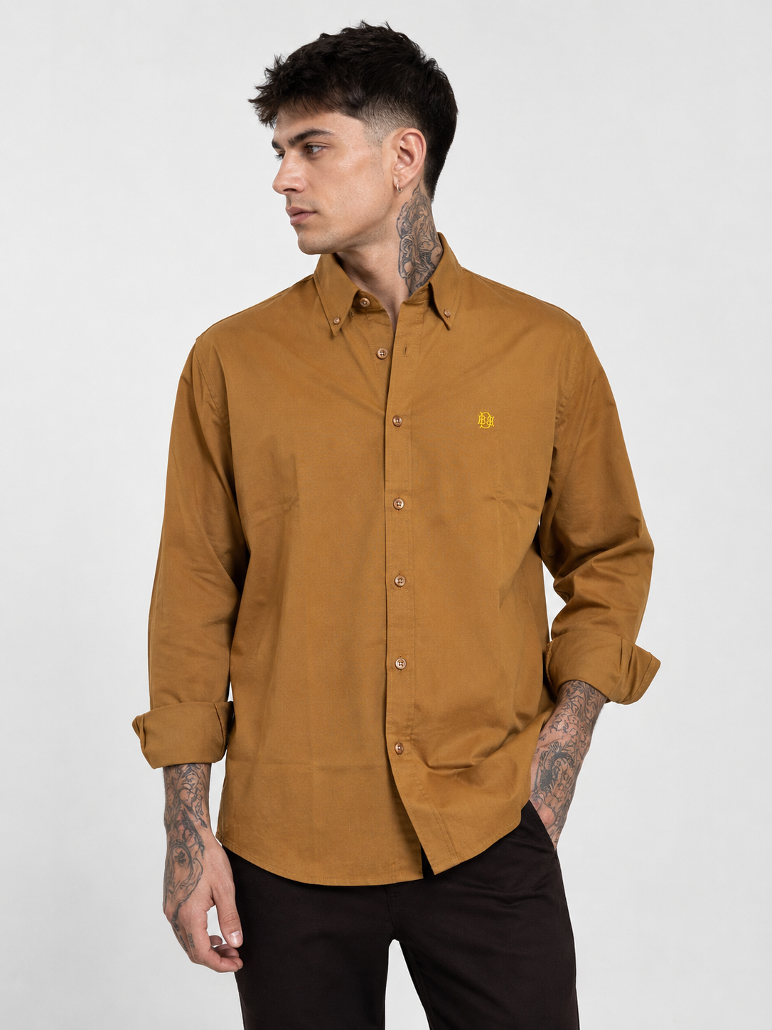 Mustard Textured Oxford Shirt with Contrast Monogram