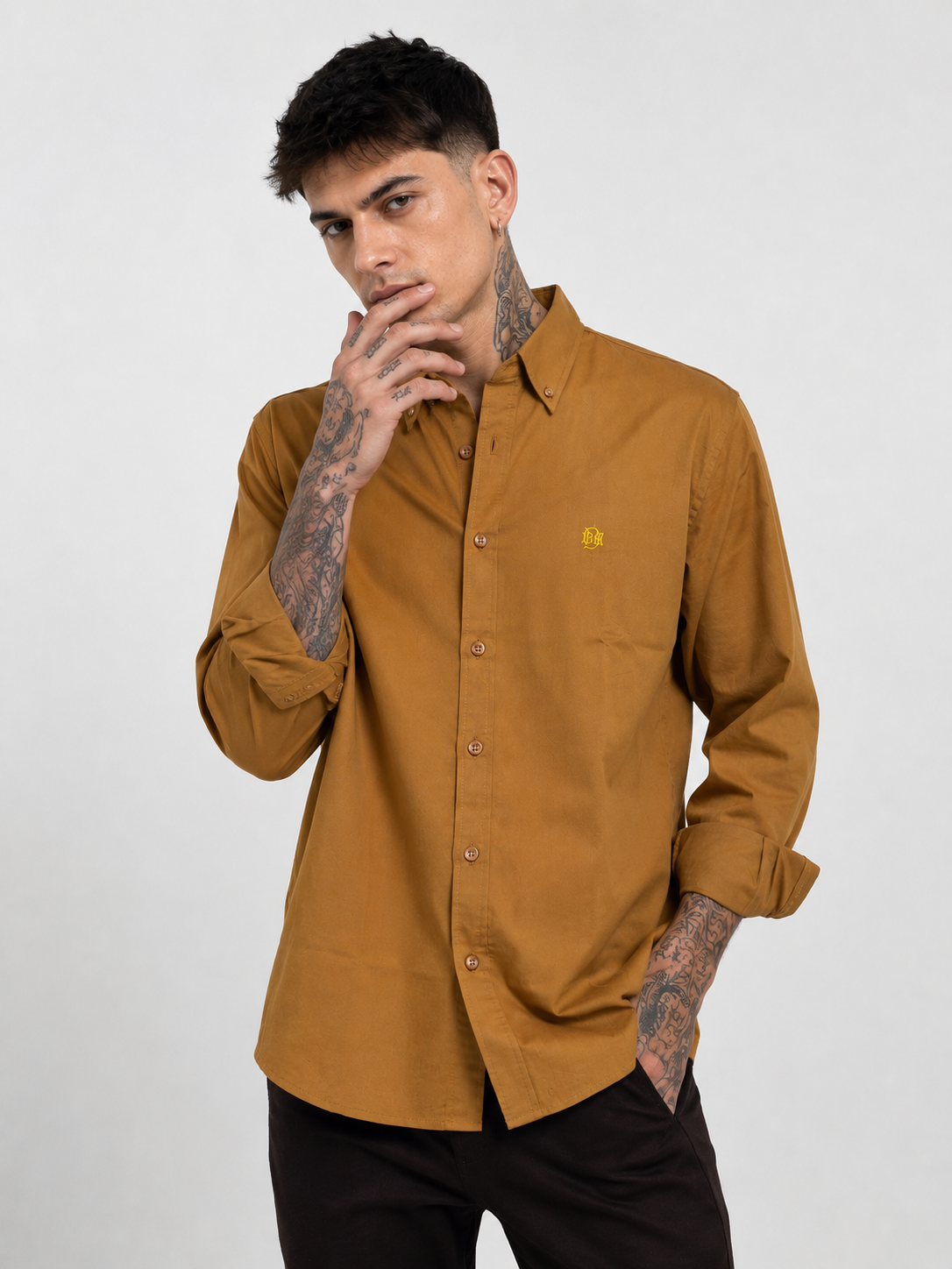 Mustard Textured Oxford Shirt with Contrast Monogram
