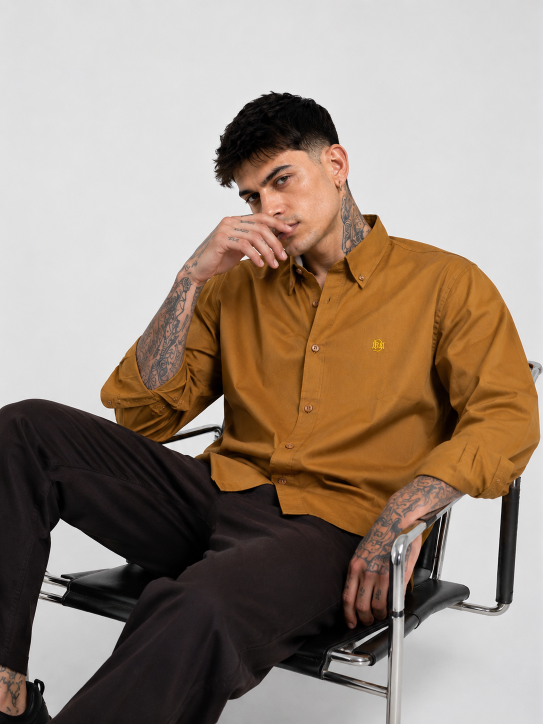 Mustard Textured Oxford Shirt with Contrast Monogram