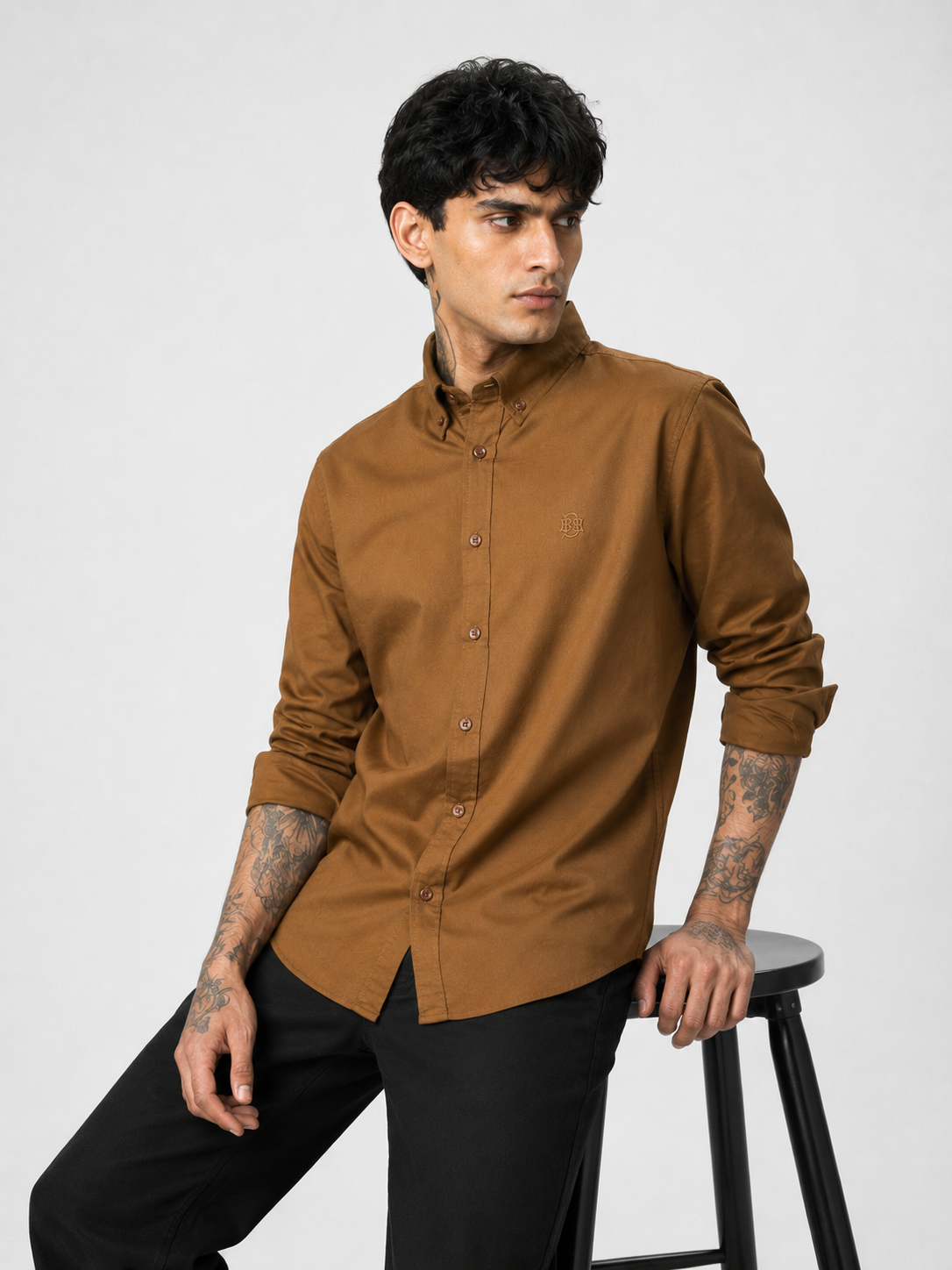Retro Dark Ochre Textured Oxford Shirt with Golden Monogram