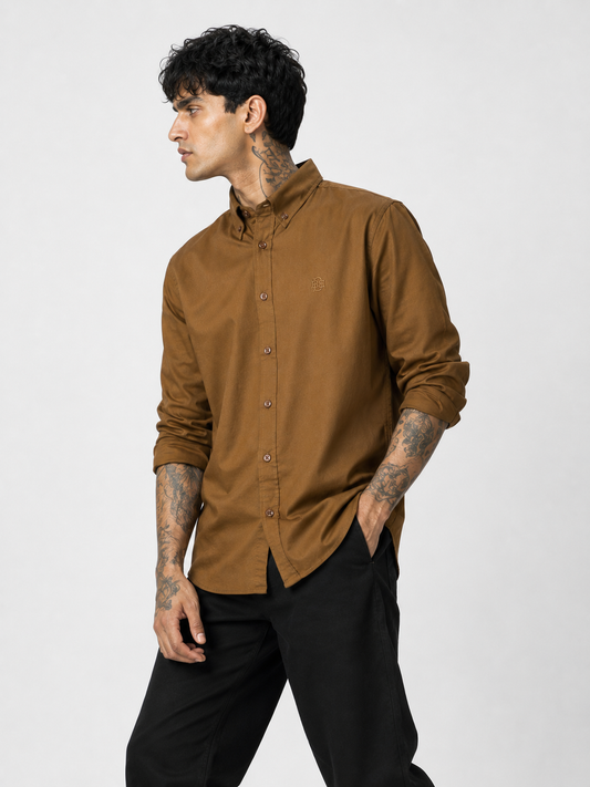 Retro Dark Ochre Textured Oxford Shirt with Golden Monogram