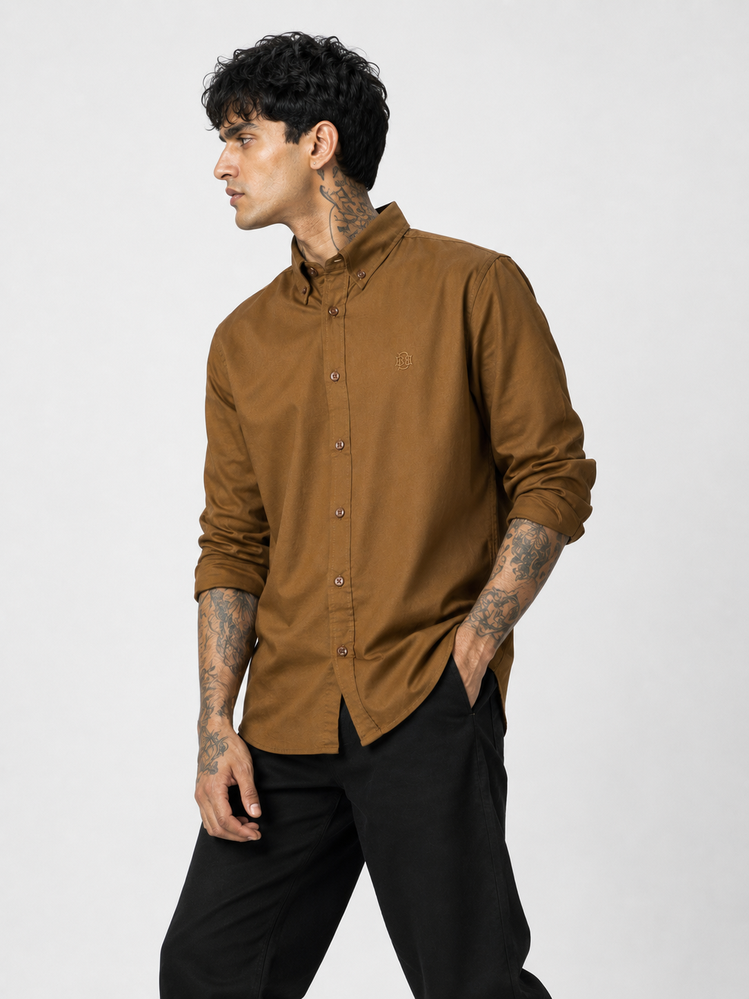 Retro Dark Ochre Textured Oxford Shirt with Golden Monogram