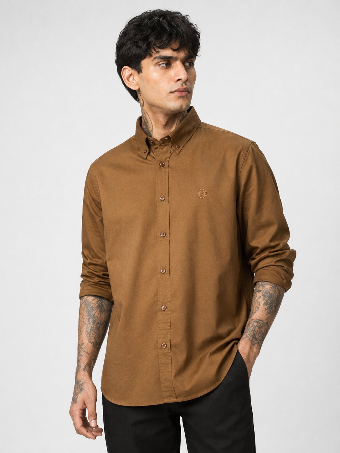 Retro Dark Ochre Textured Oxford Shirt with Golden Monogram