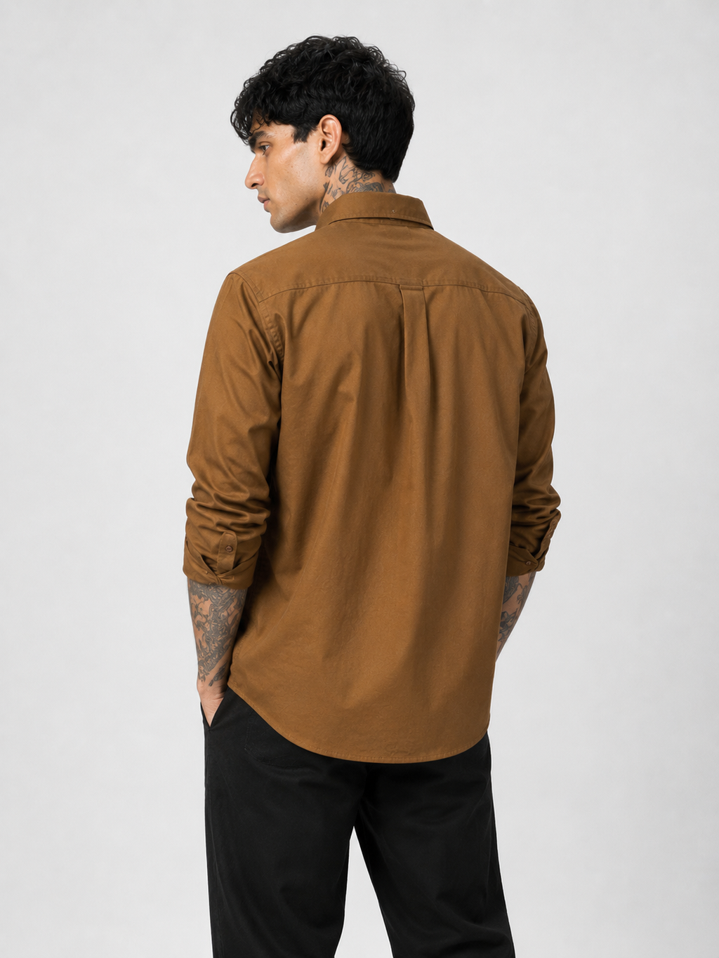 Men's dark ochre textured oxford shirt back view with yoke and buttoned collar