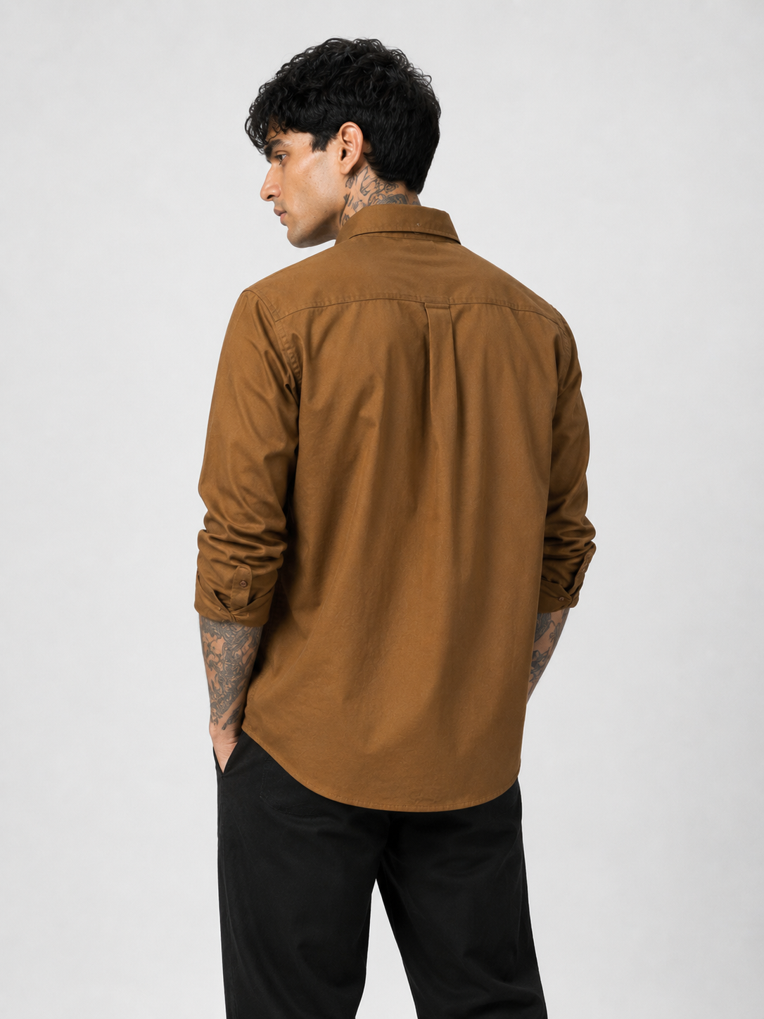 Retro Dark Ochre Textured Oxford Shirt with Golden Monogram
