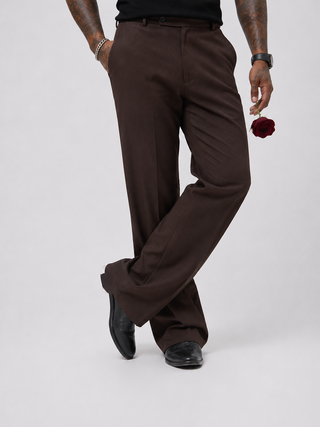 Deep Walnut Cacao Relaxed Fit Structured Korean Pants