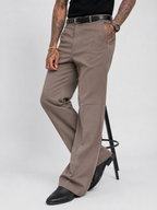 Muted khaki structured pants with belt loops, front seams, and tapered relaxed leg