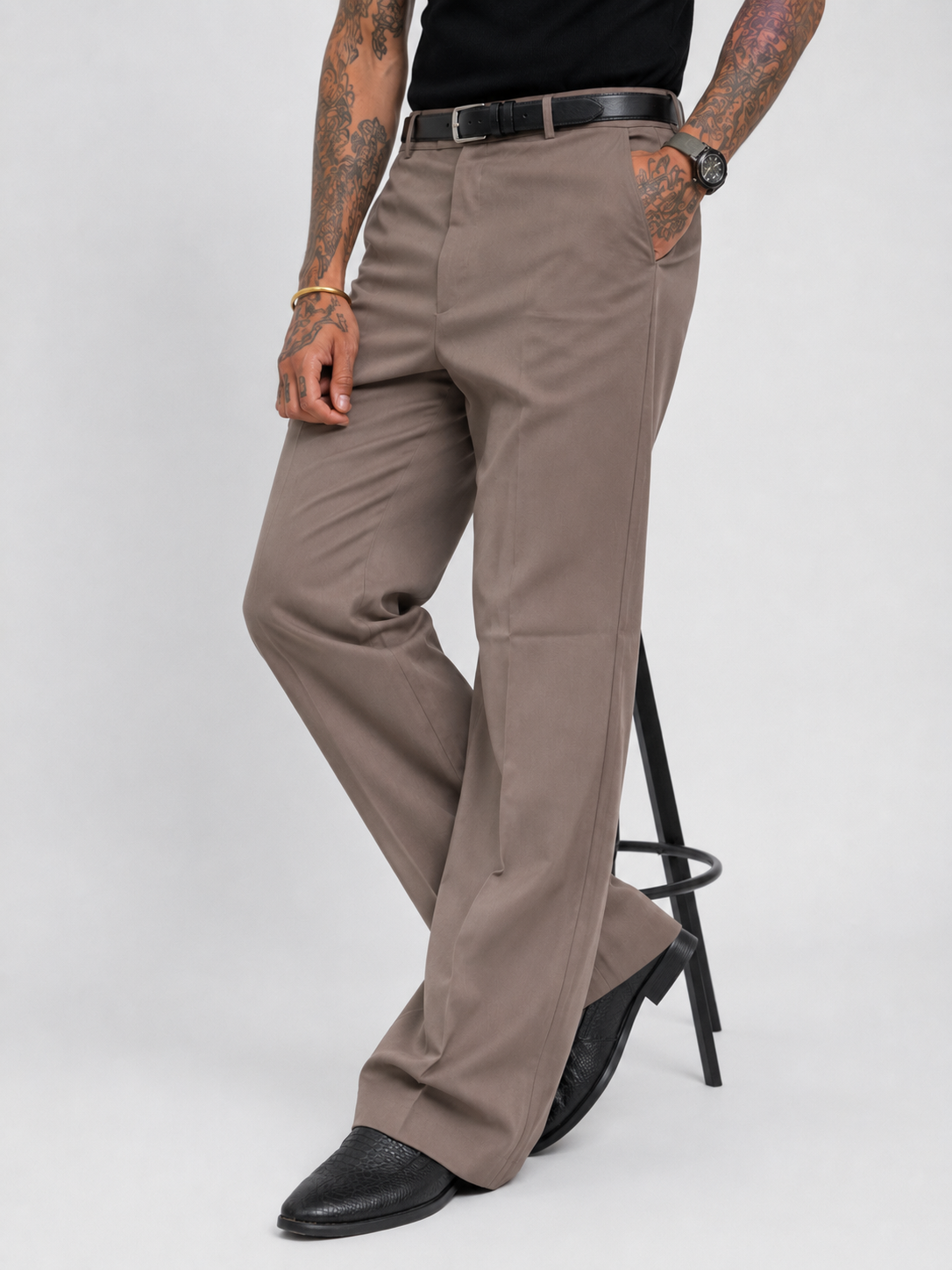 Muted Ash Khaki Relaxed Fit Structured Korean Pants