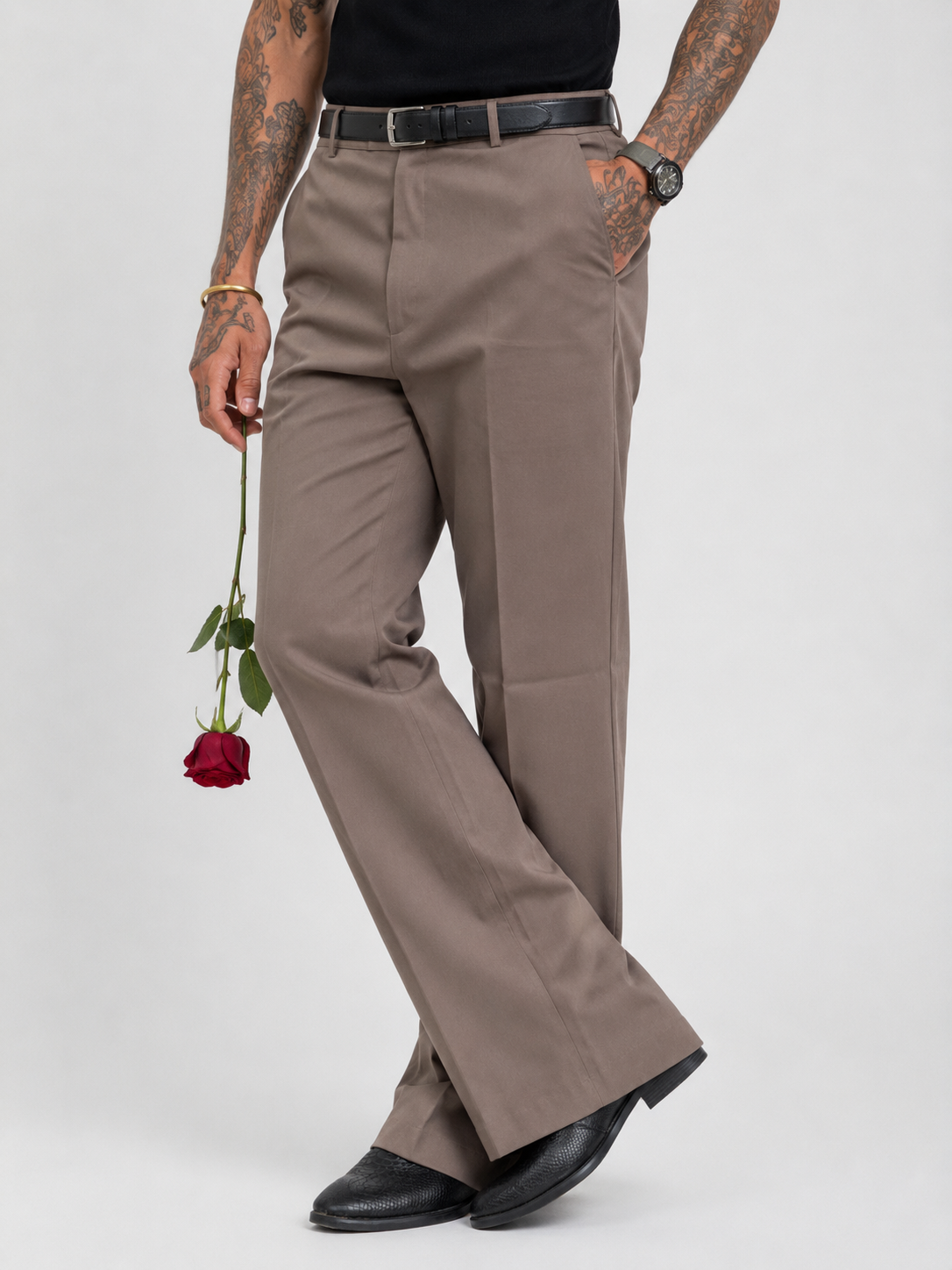 Muted Ash Khaki Relaxed Fit Structured Korean Pants
