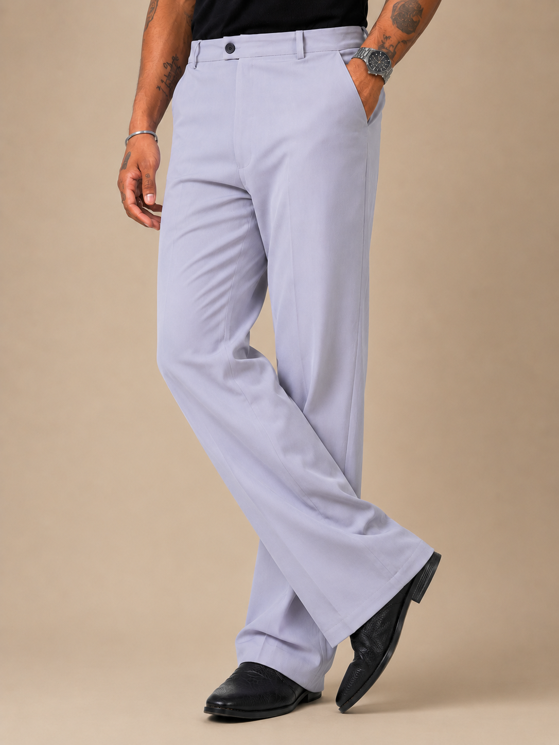 Ice Blue Relaxed Fit Structured Korean Pants