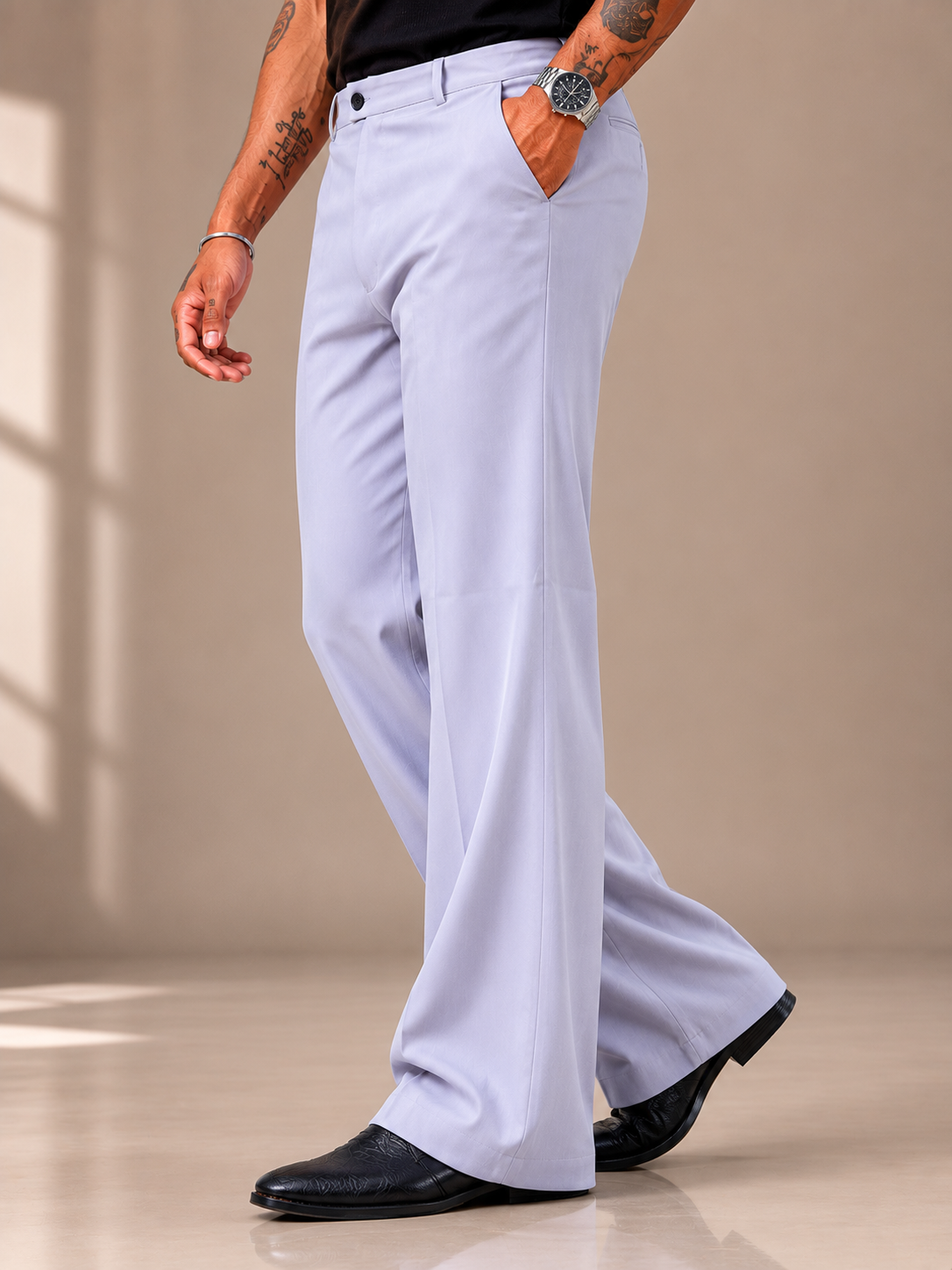 Ice Blue Relaxed Fit Structured Korean Pants
