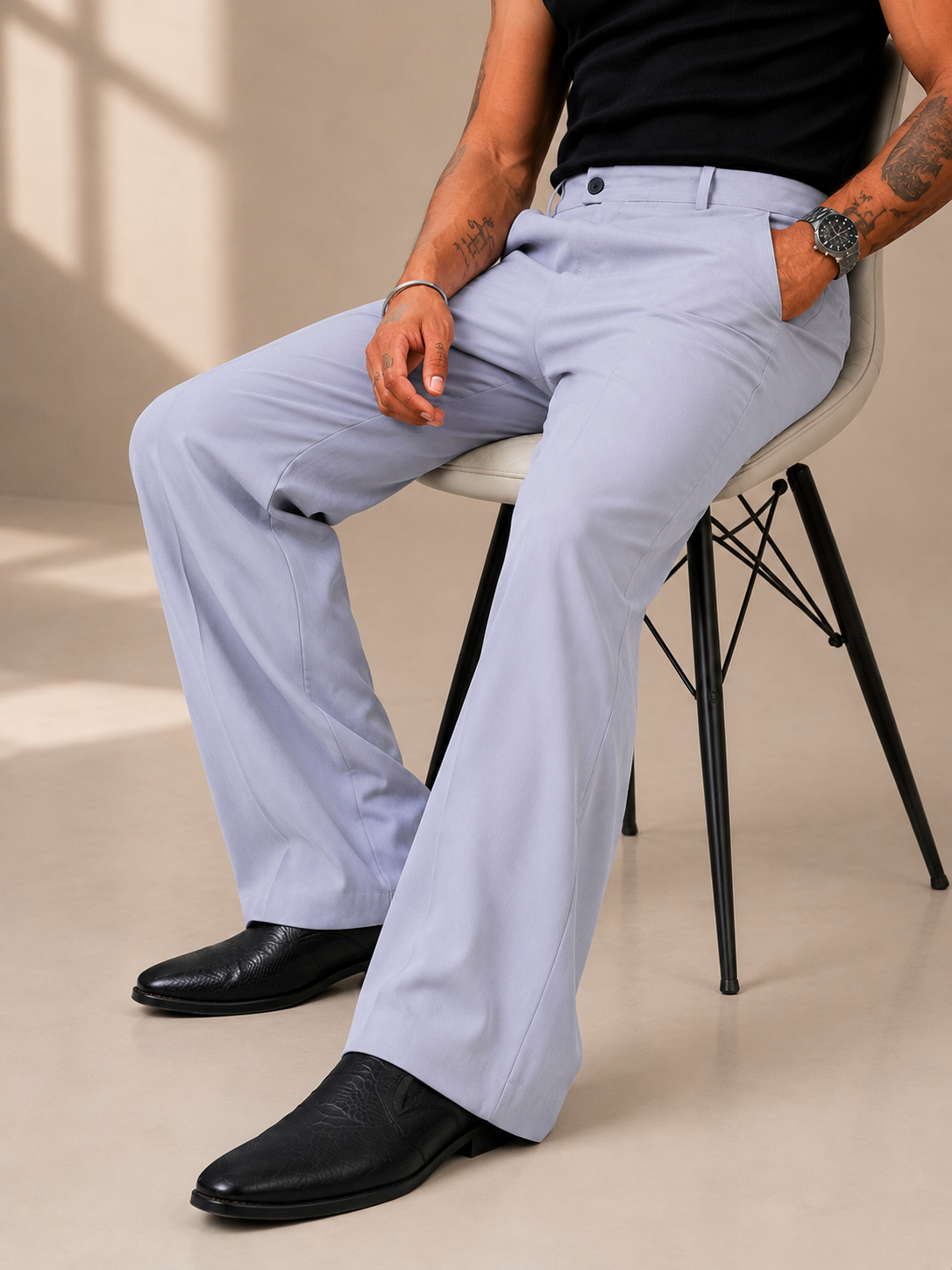 Ice Blue Relaxed Fit Structured Korean Pants