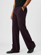 Dark wine violet relaxed-fit structured pants, side view, straight legs