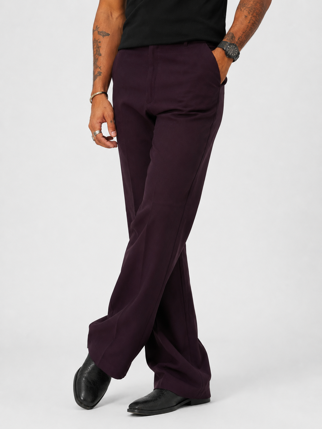 Dark Wine Violet Relaxed Fit Structured Korean Pants