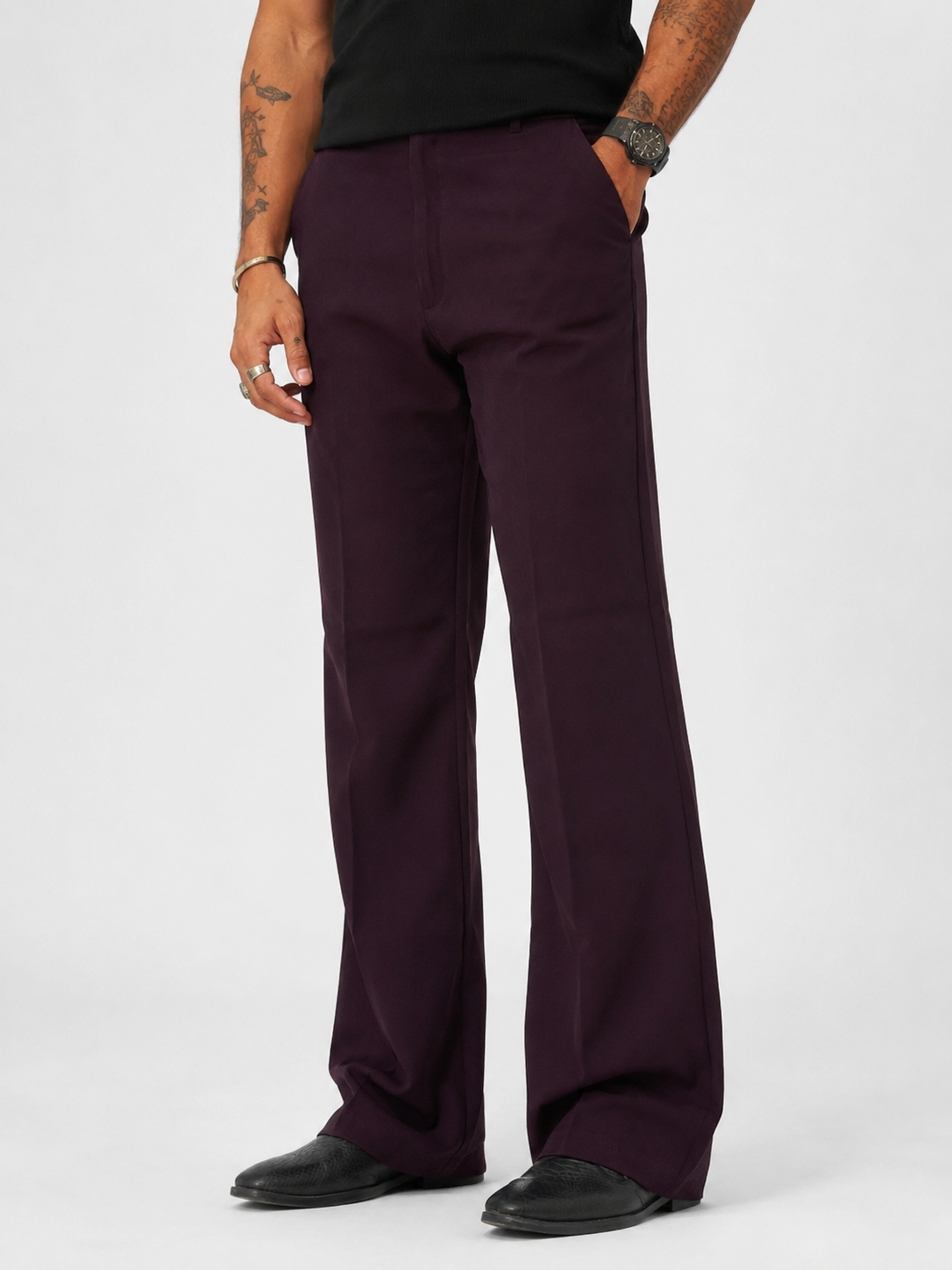 Dark Wine Violet Relaxed Fit Structured Korean Pants