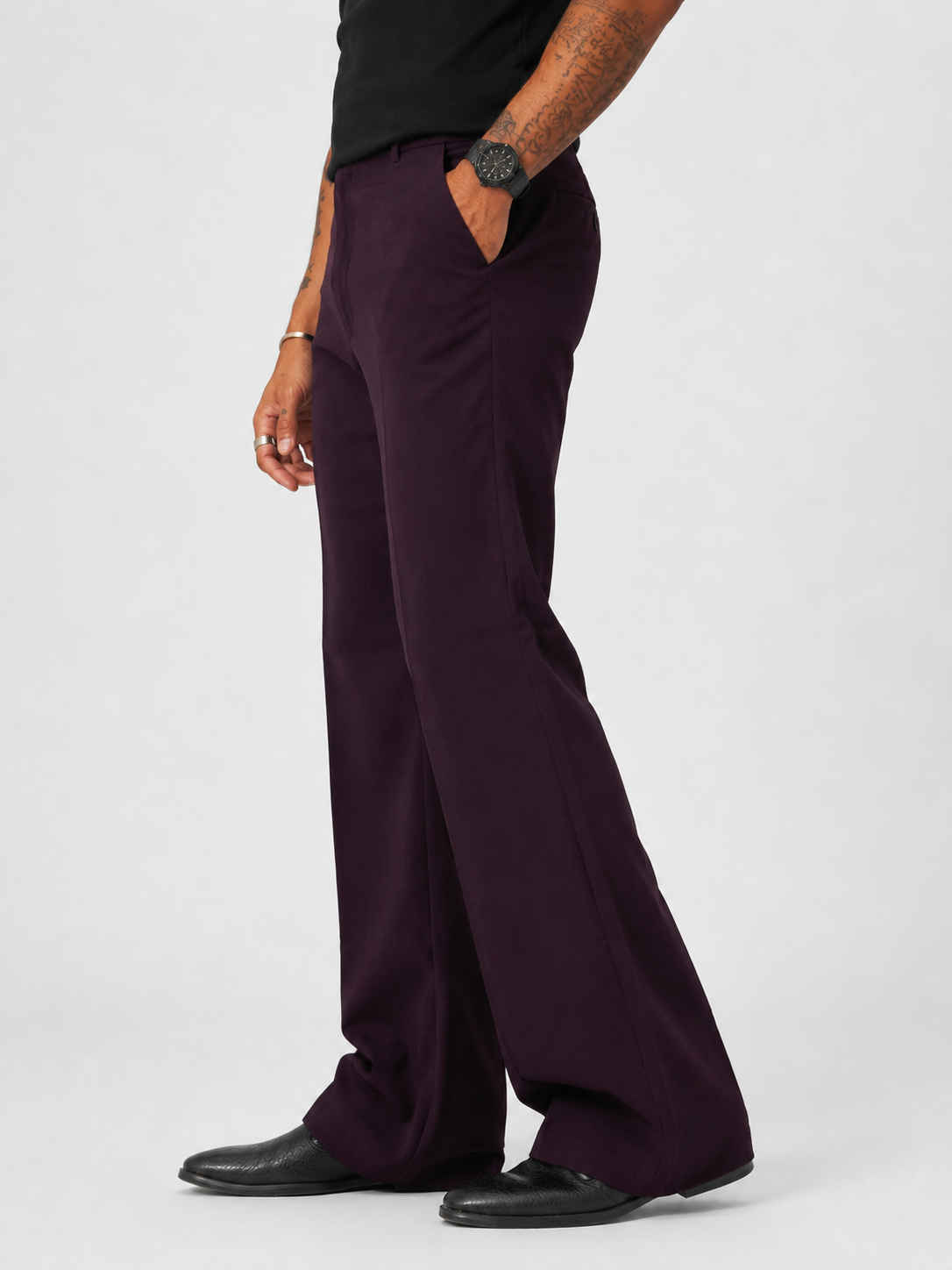 Dark Wine Violet Relaxed Fit Structured Korean Pants
