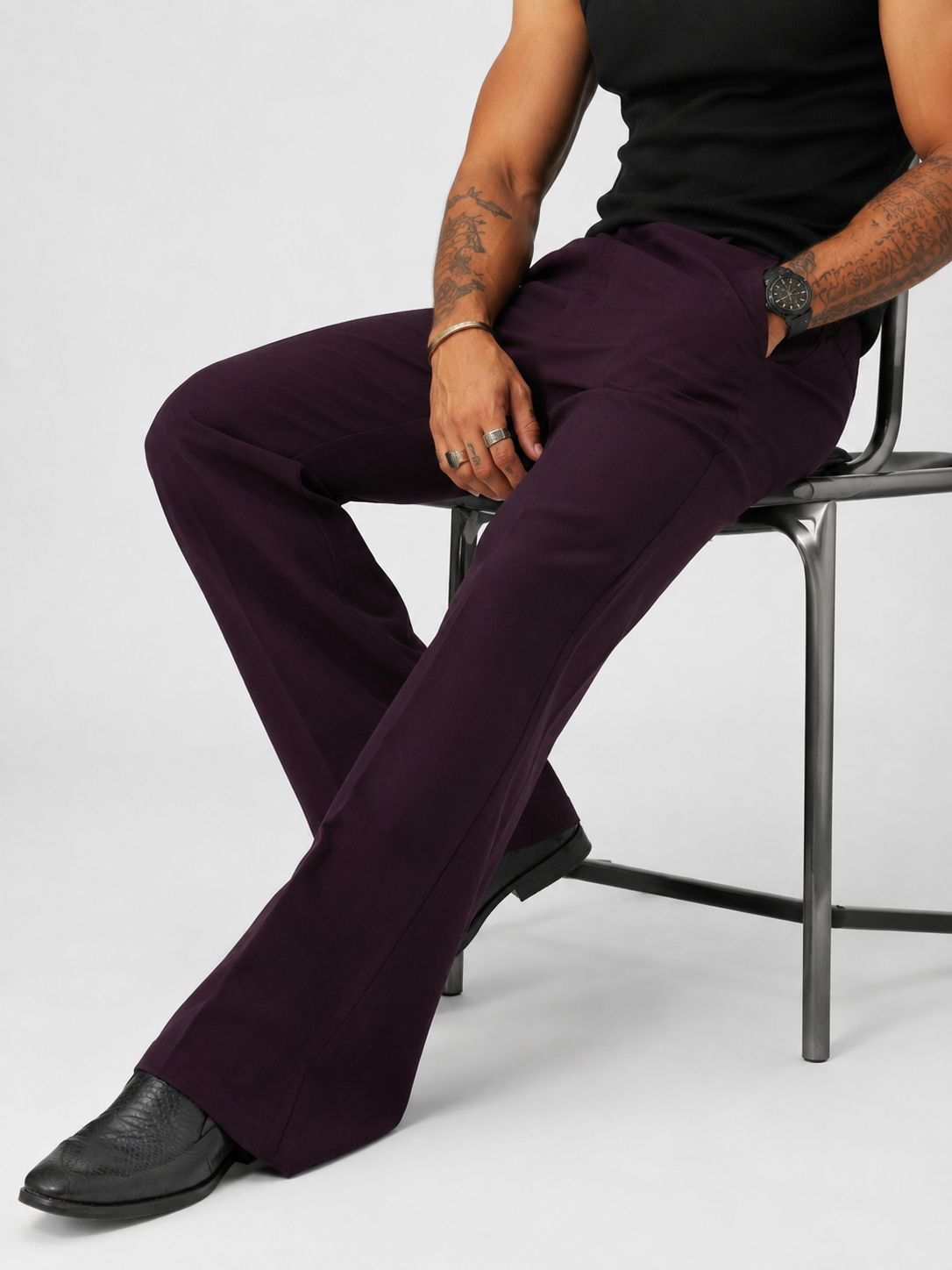 Dark Wine Violet Relaxed Fit Structured Korean Pants
