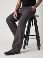 Dark taupe relaxed-fit structured Korean pants, back view with pleats and wide legs