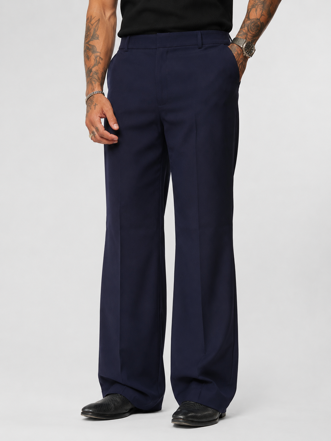 Navy Blue Wide-Leg Korean Pants