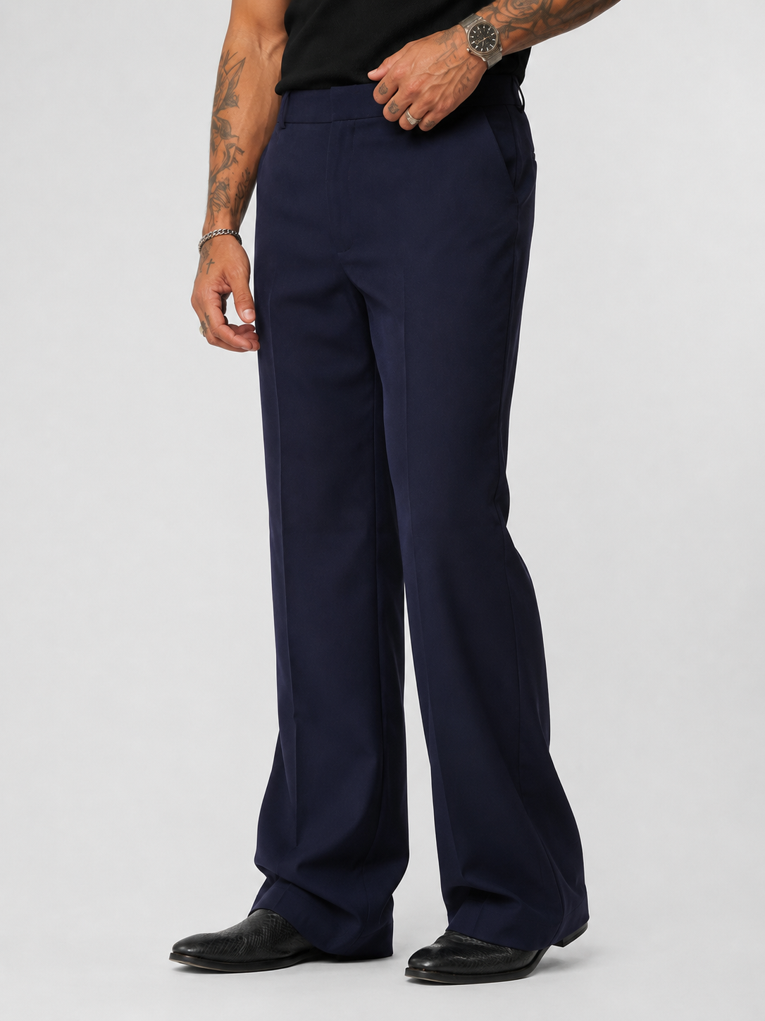 Navy Blue Wide-Leg Korean Pants