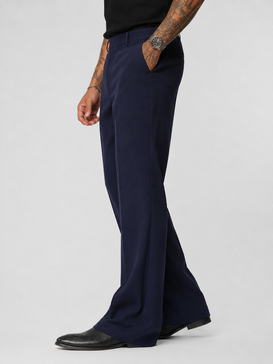 Navy Blue Wide-Leg Korean Pants