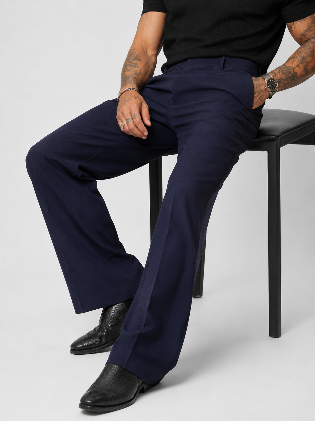 Navy Blue Wide-Leg Korean Pants