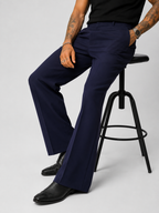 Navy blue wide-leg Korean pants, flat front and wide trouser legs