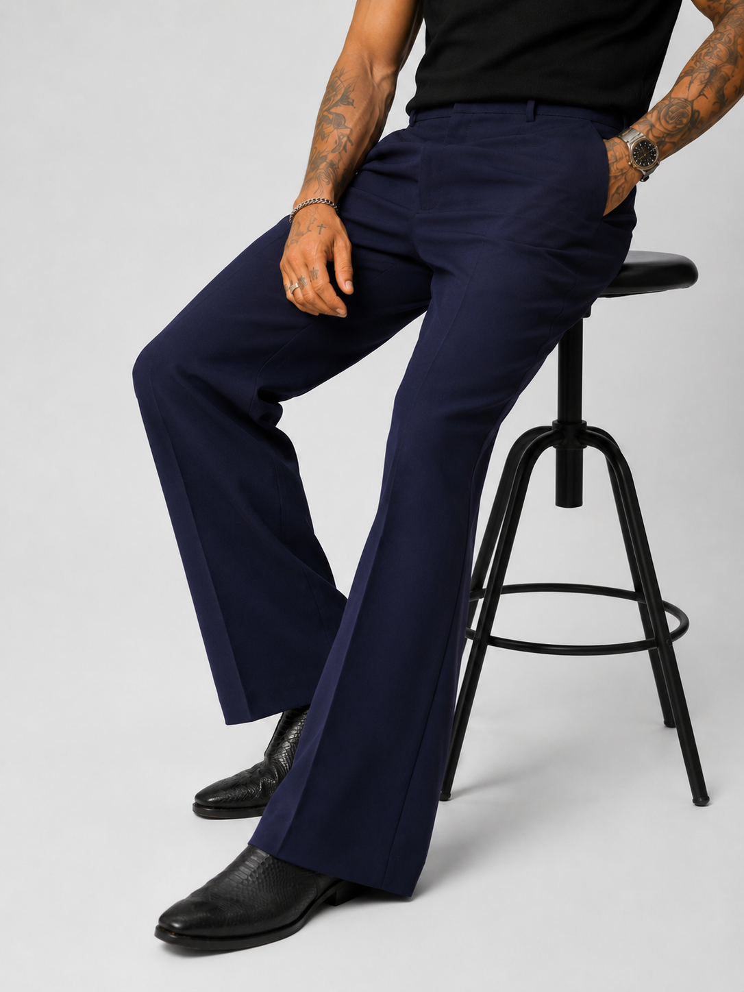 Navy Blue Wide-Leg Korean Pants