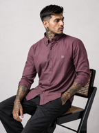 Burgundy button-down oxford shirt with chest monogram logo, full button front