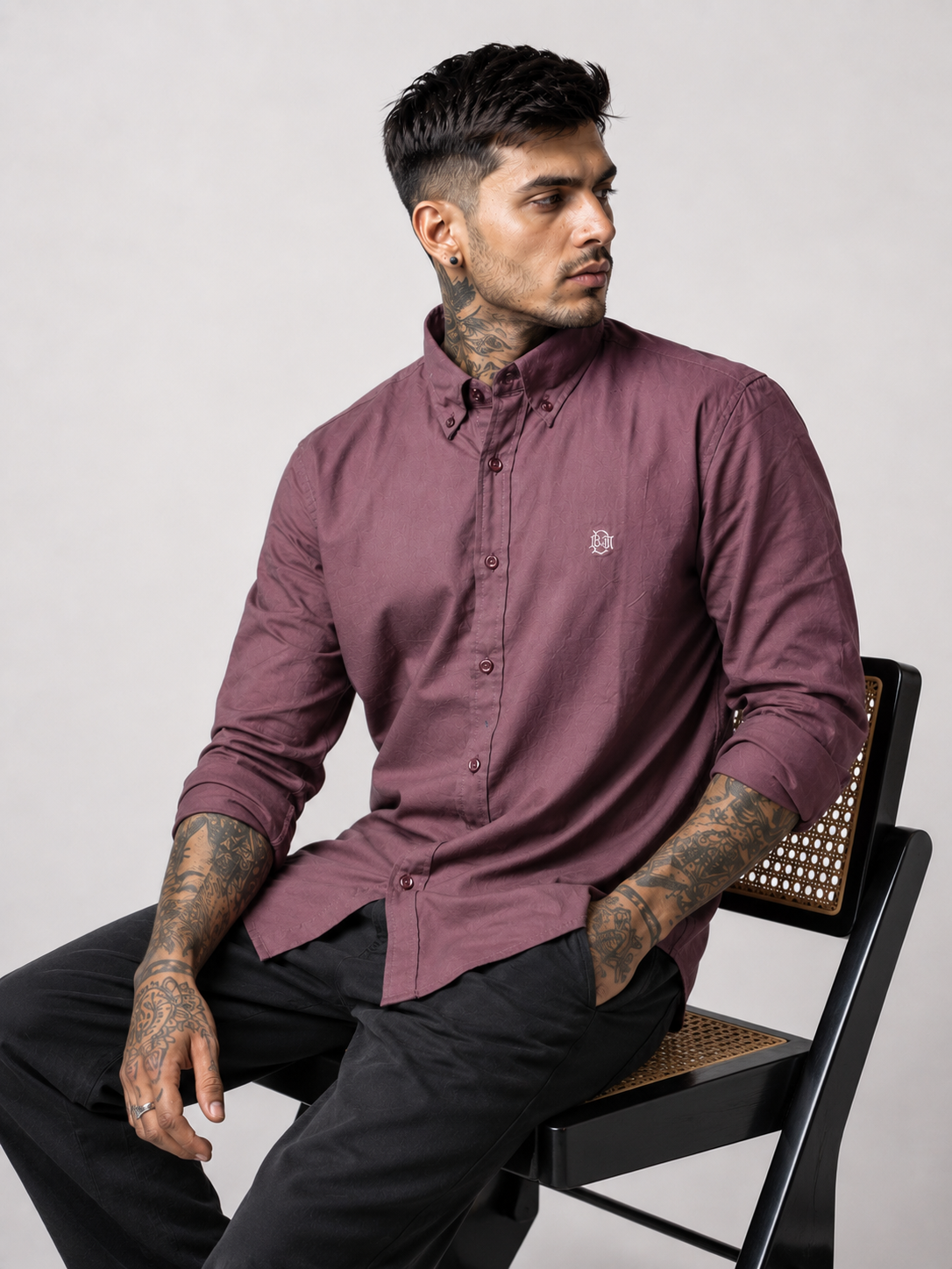 Luxury Wine Burgundy Textured Oxford Shirt with Contrast Monogram