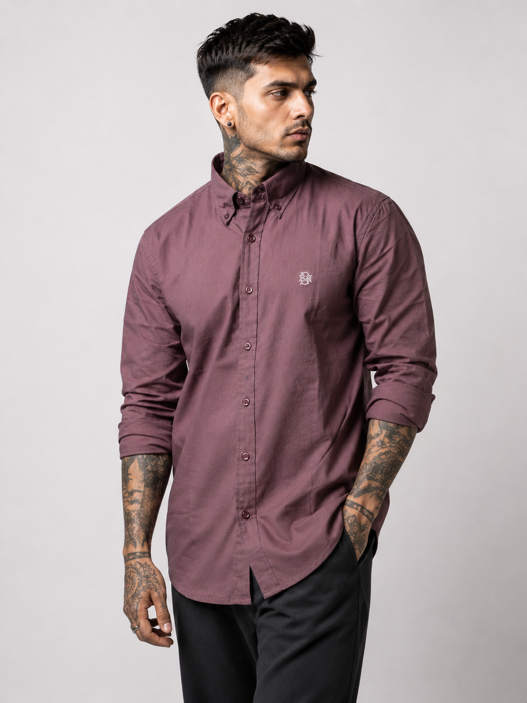Luxury Wine Burgundy Textured Oxford Shirt with Contrast Monogram
