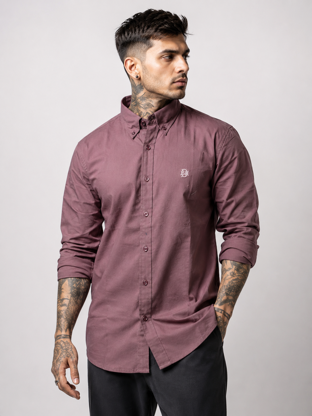 Luxury Wine Burgundy Textured Oxford Shirt with Contrast Monogram
